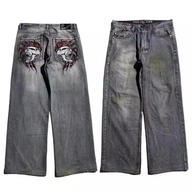 Men's grey washed-out straight-leg jeans with wide-leg workwear design.