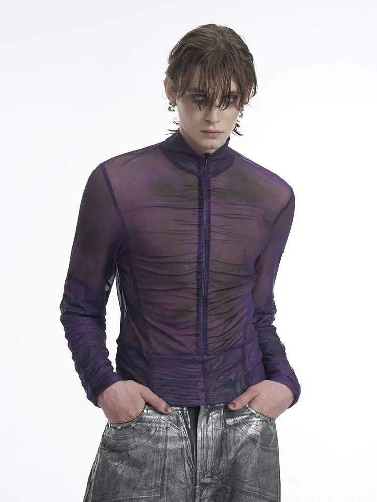 Men's black grey long-sleeved T-shirt featuring a half-turtleneck collar with a mesh zipper detail