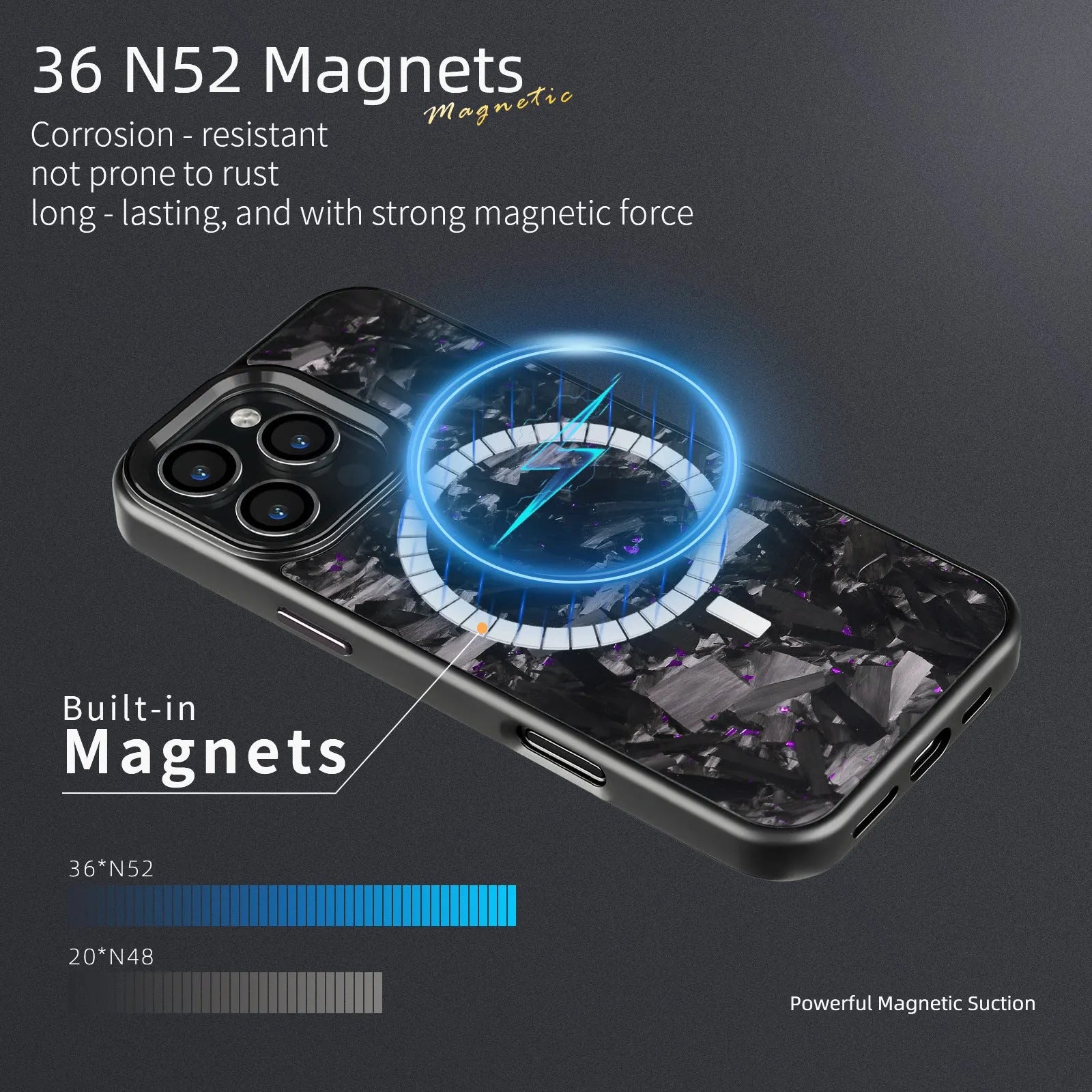Black metal frame carbon fibre mobile phone case with forged pattern and magnetic back.