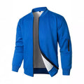 A man's loose-fit knitted jacket in a cotton blend, shown in black, blue, or grey.