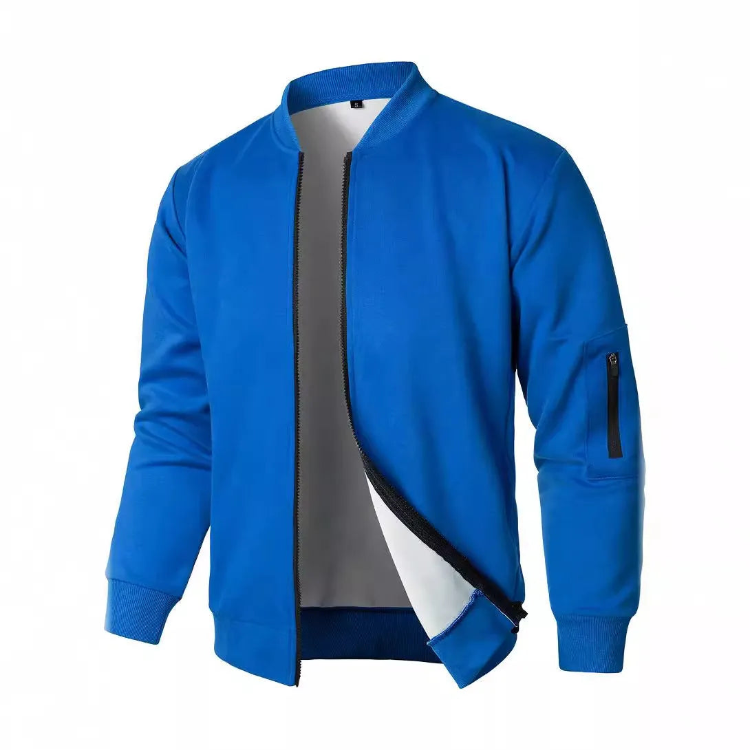 A man's loose-fit knitted jacket in a cotton blend, shown in black, blue, or grey.