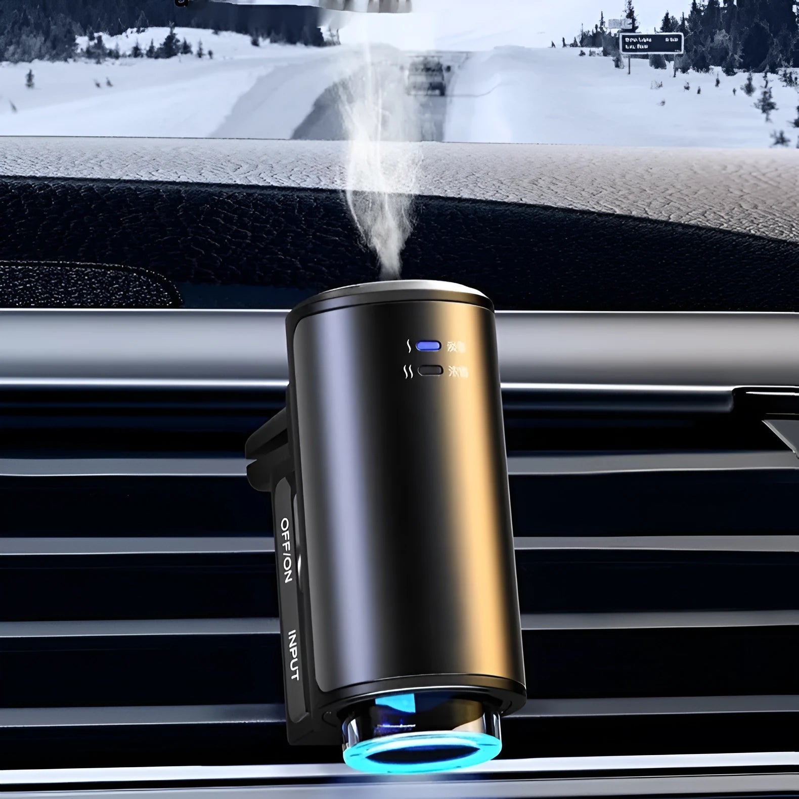 Car air vent clip-on aroma diffuser with essential oil bottle in Obsidian Black or Ocean Blue colour