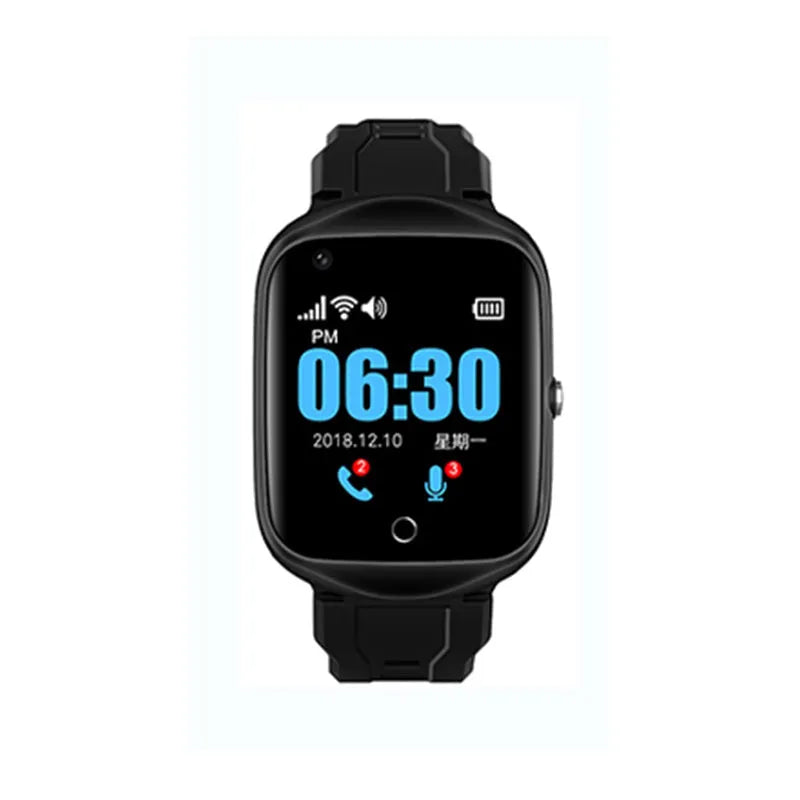 Square smart watch for elderly with GPS tracking, SOS button, and heart rate monitoring on silicone strap