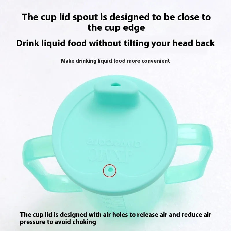 Adult choke-proof drinking cup with handle and lid in PP material for elderly and pregnancy care
