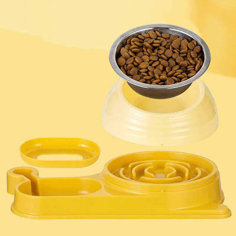 Brown elevated cat bowl with attached water bottle dispenser on a white background