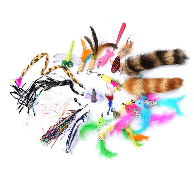 Cat feather teaser fishing rod set with two poles and ten colourful replacement heads