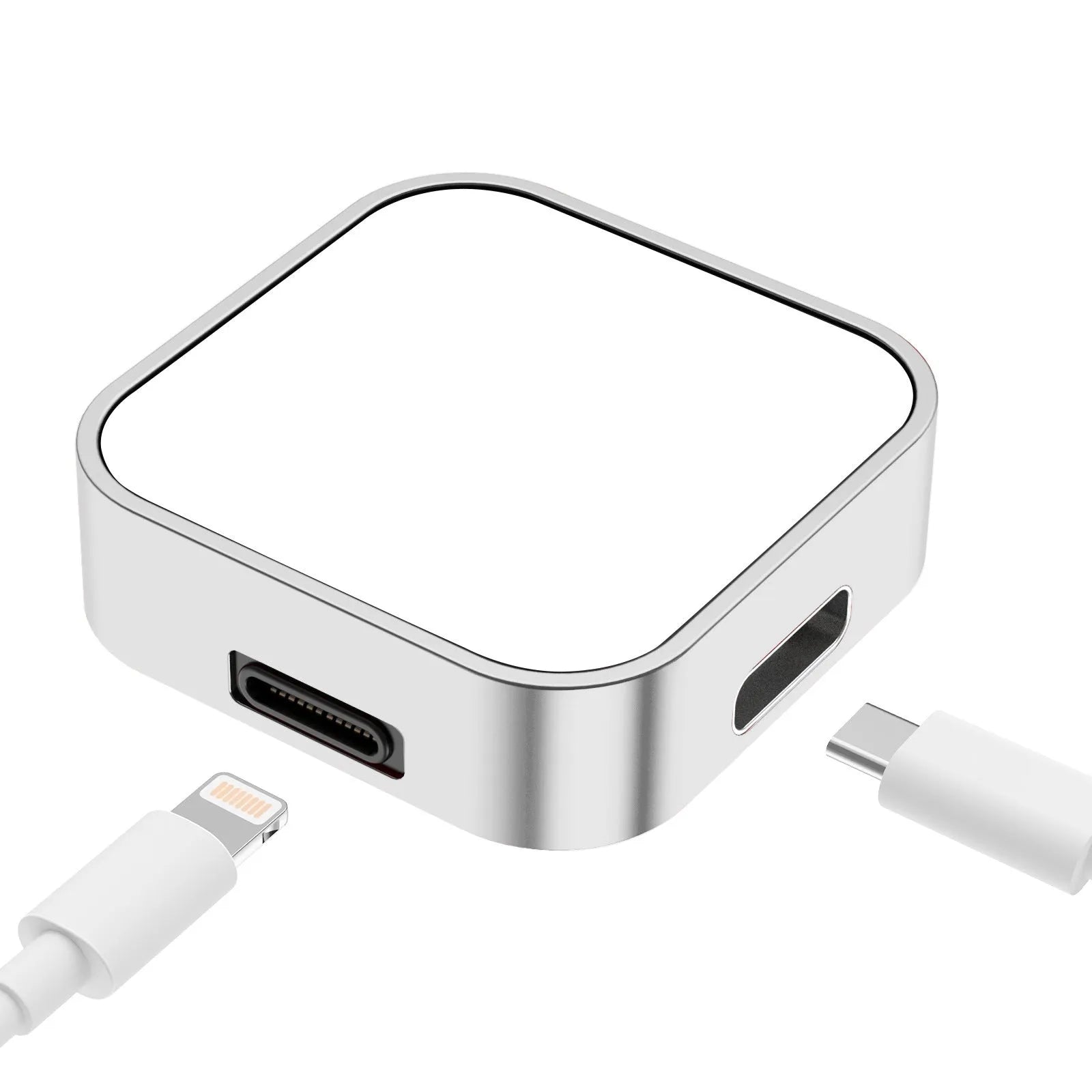Dual interface magnetic watch wireless charger in silver with polycarbonate and aluminium alloy finish