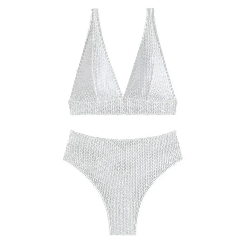 White women's backless two-piece bikini swimsuit set on a mannequin.