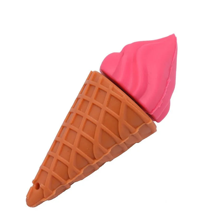 Cute mini ice cream-shaped USB flash drive in pink colours on a white background.