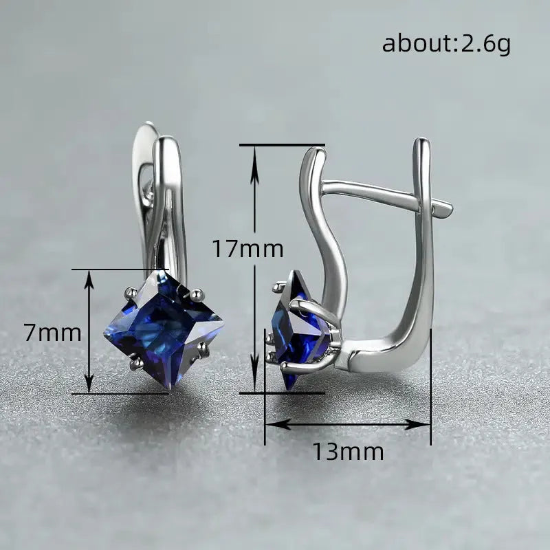 Women's copper earrings with inlaid zircon diamond design in blue, green, and colour options.