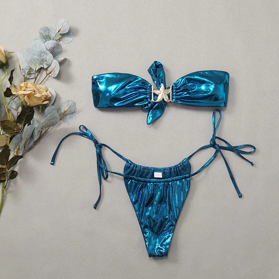Women's tube top split bikini set in glossy fabric showing sapphire blue and pink colour options