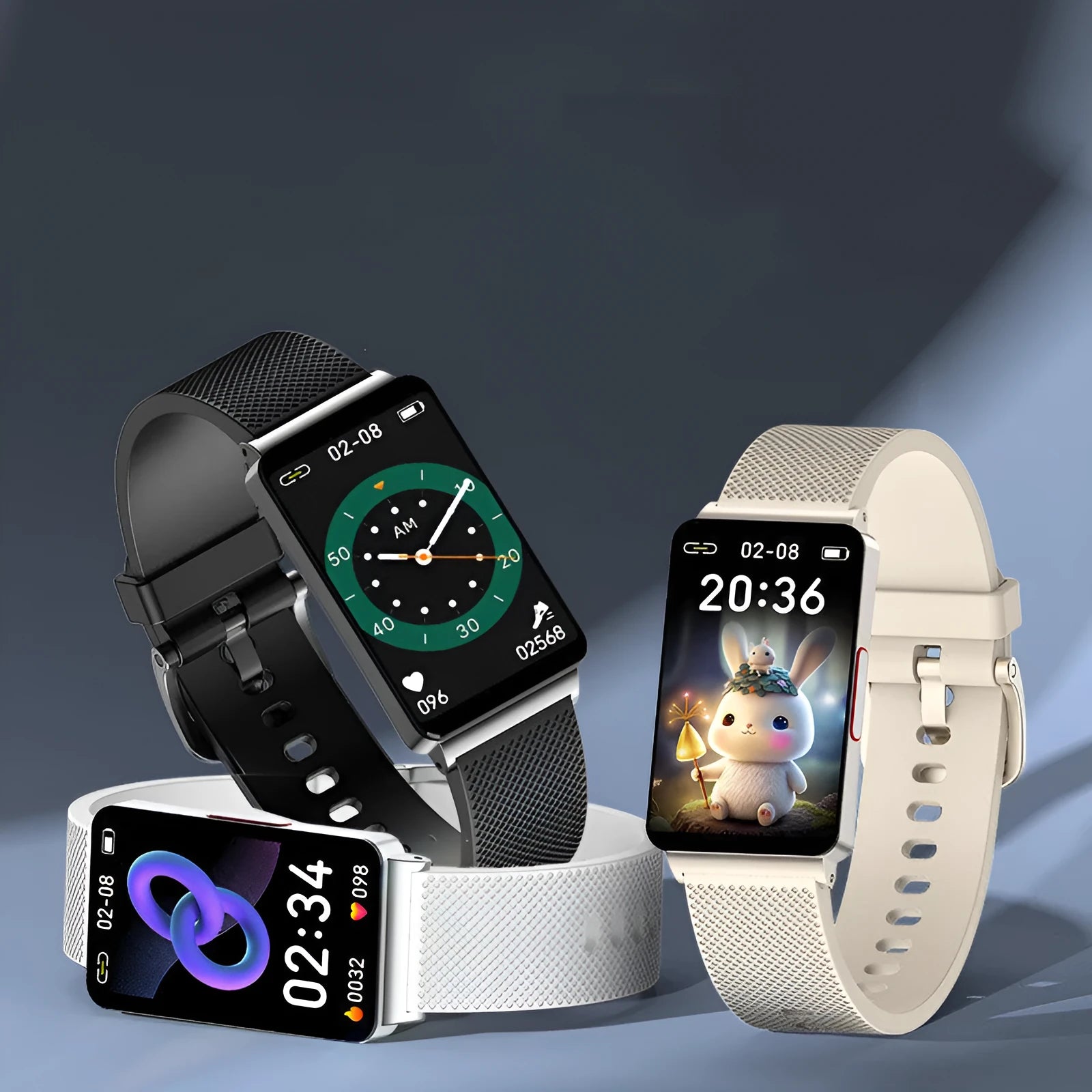 Blood Glucose EP08 smart bracelet in black on wrist, showing touch screen and USB magnetic charger.