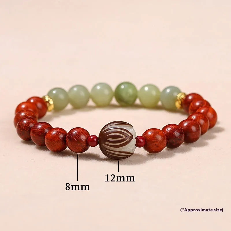 Chinese style red rosewood and gray jade bracelet with Bodhi Lotus design and 8 round beads.