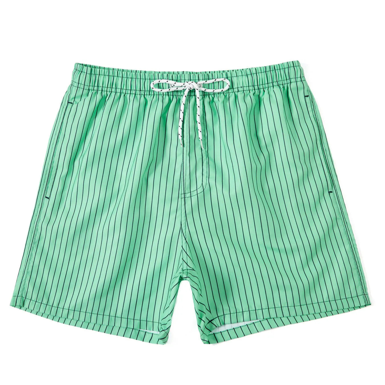 Men's striped polyester shorts in navy blue on a mannequin, showing straight leg design.