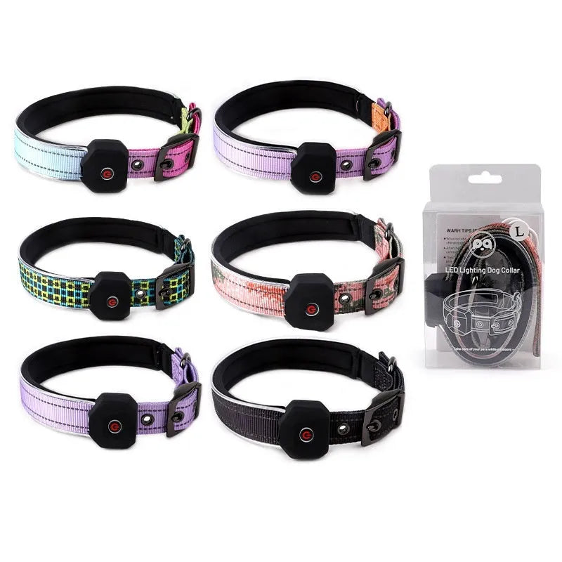 Blue and green plaid LED luminous dog collar with reflective stripes, shown with USB charging cable.