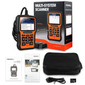 Orange and black Foxwell NT510 automotive diagnostic scanner with OBD2 cable and large colour screen