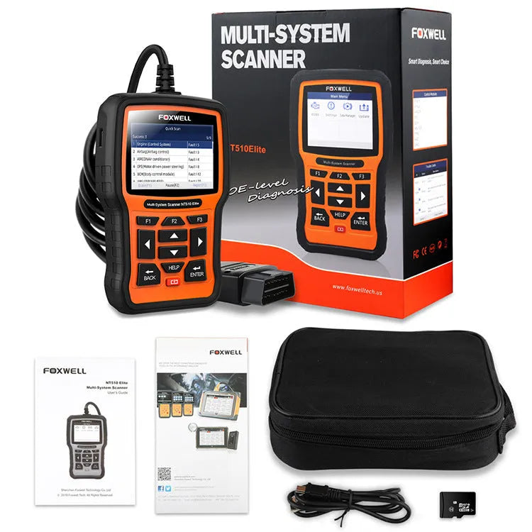 Orange and black Foxwell NT510 automotive diagnostic scanner with OBD2 cable and large colour screen