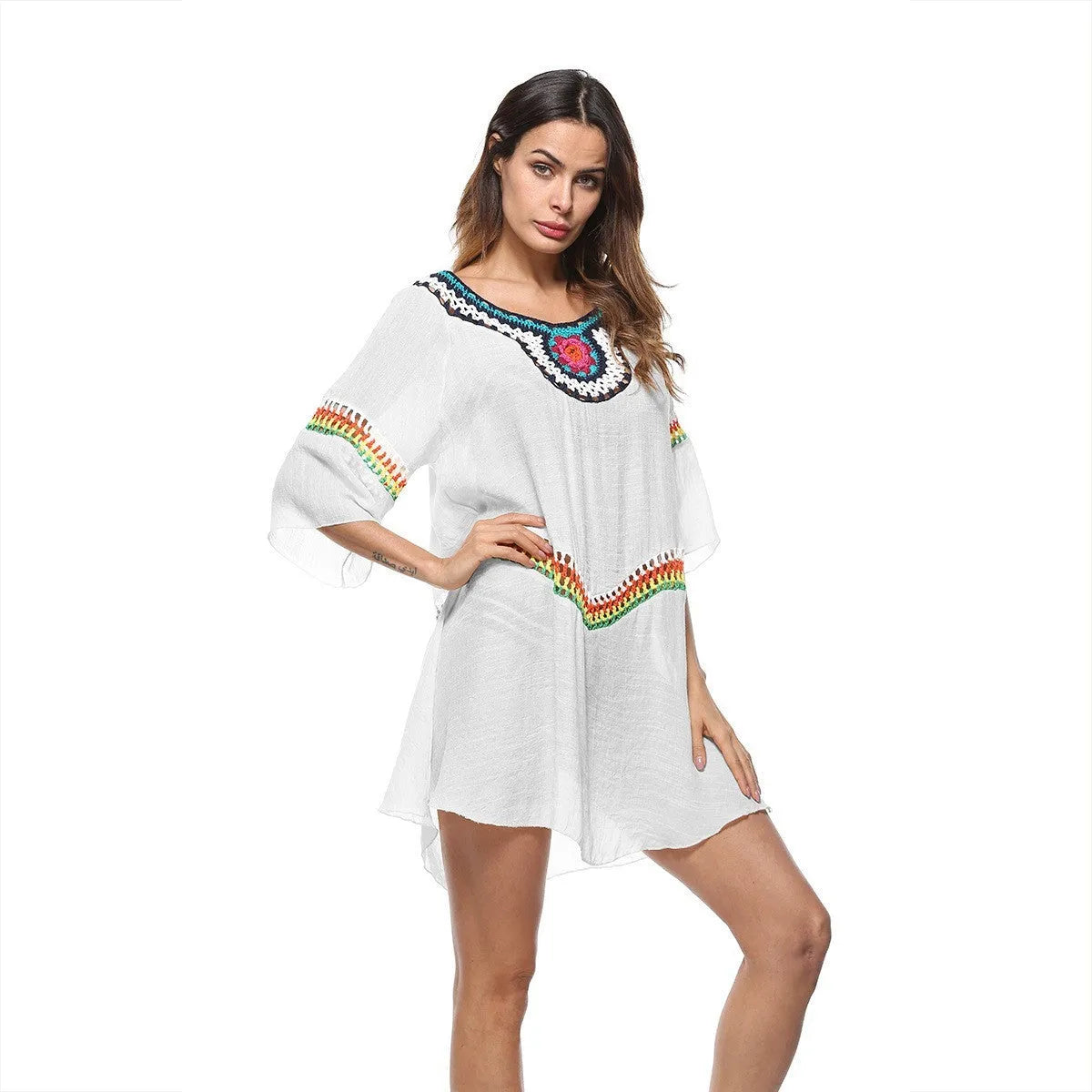 Crocheted ethnic style sun protection clothing for women in polyester beach wear