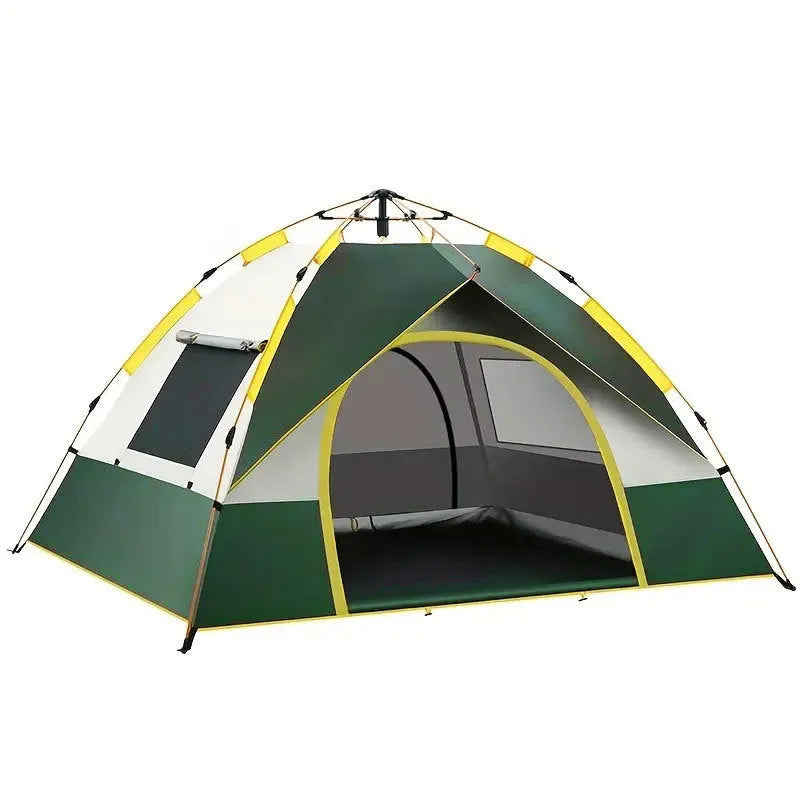 Dark green and silver 3-4 person quick open camping tent with guylines pegged out.