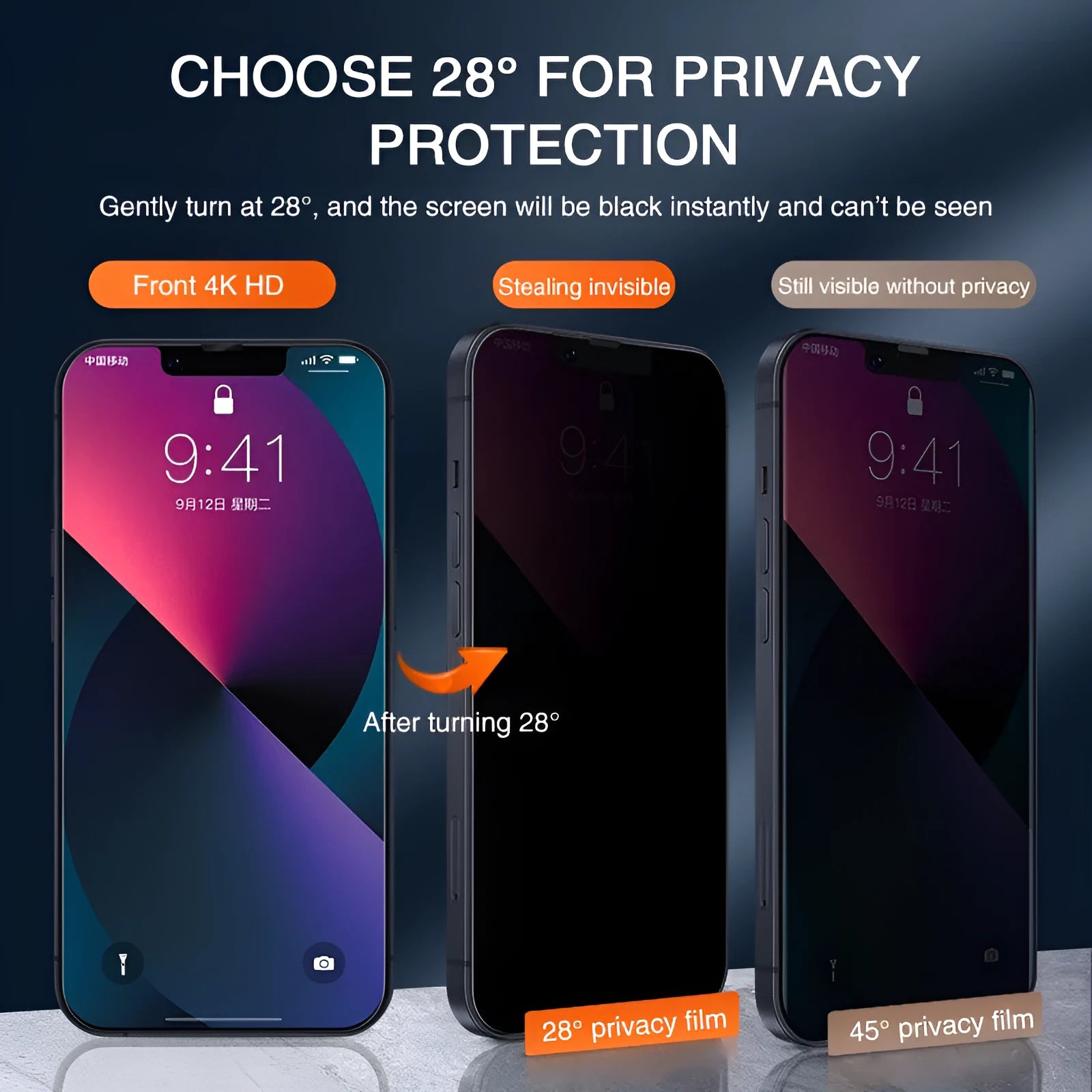 Anti-peeping tempered glass screen protector for iPhone on a table.