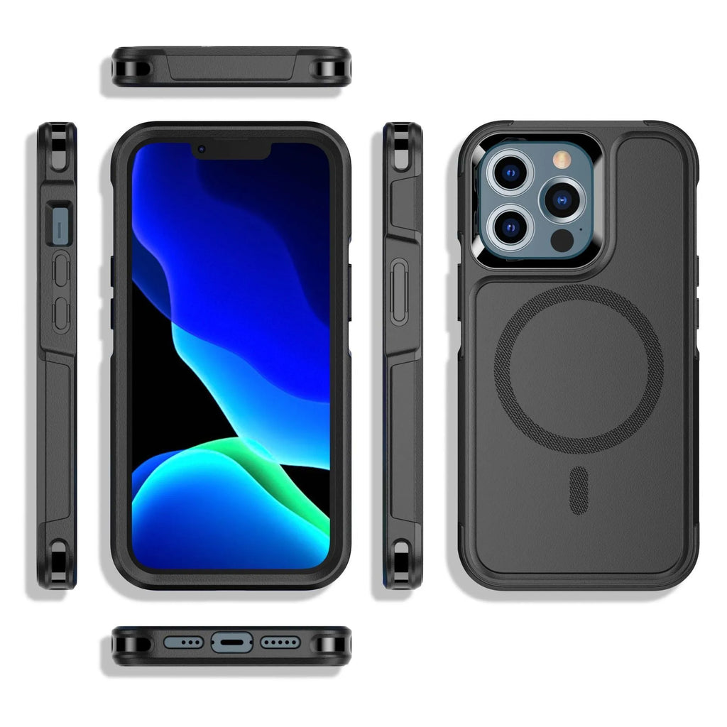 Black shatterproof magnetic phone case for iPhone 12 and 13 Pro models showing dimensions and material details
