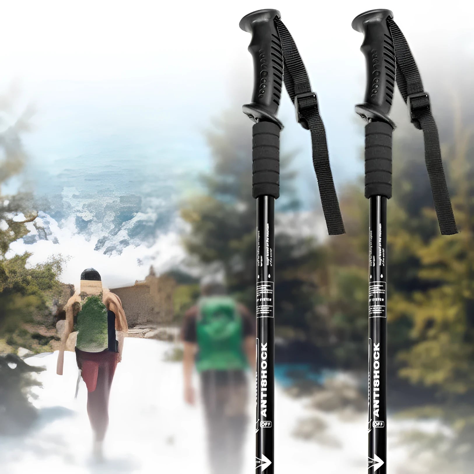 Aluminum alloy three-section adjustable trekking poles in black, red, blue, or silver.