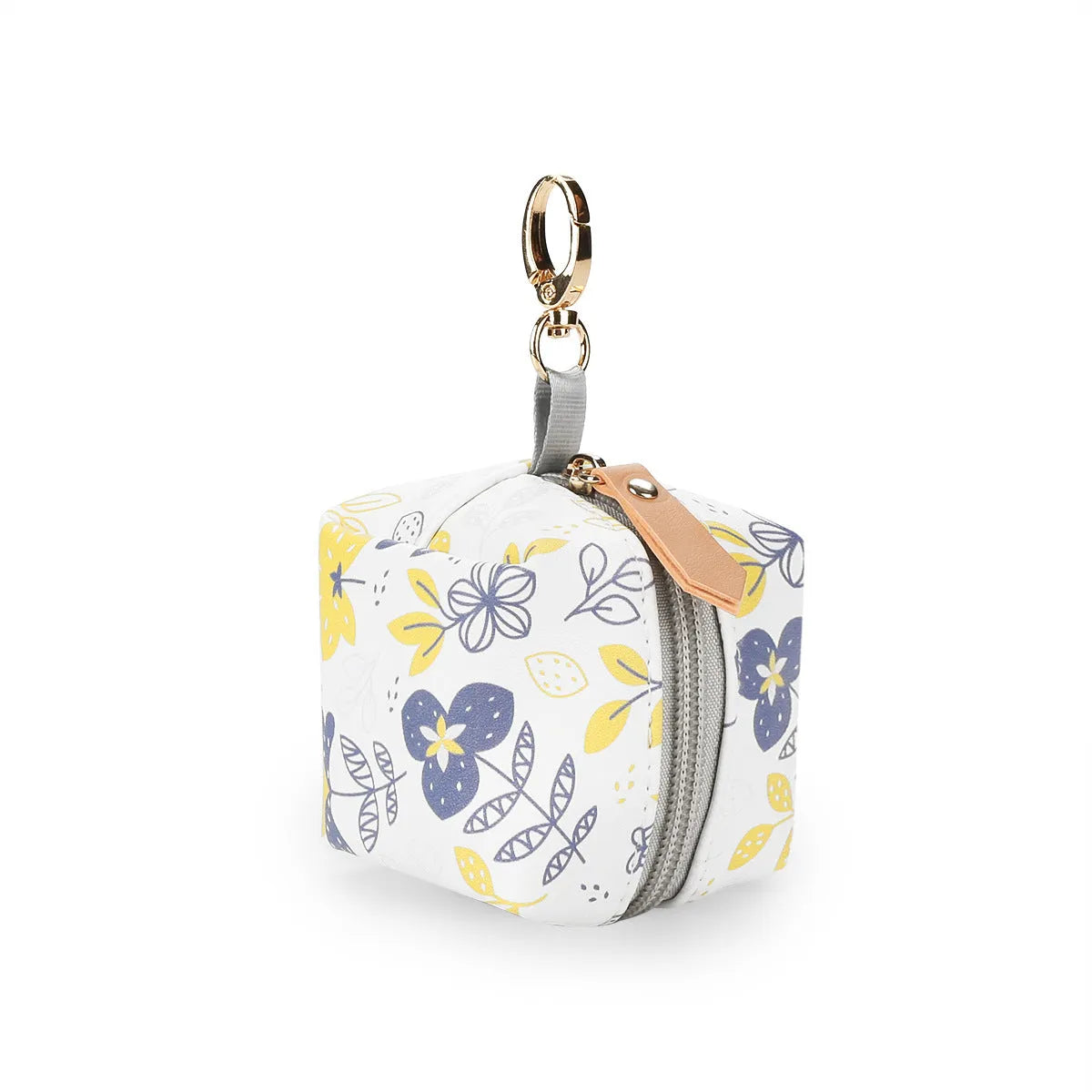 Baby pacifier holder case in PU leather with impervious nylon lining and buckle clip, holds 2 pacifiers, compact 6.35cm size