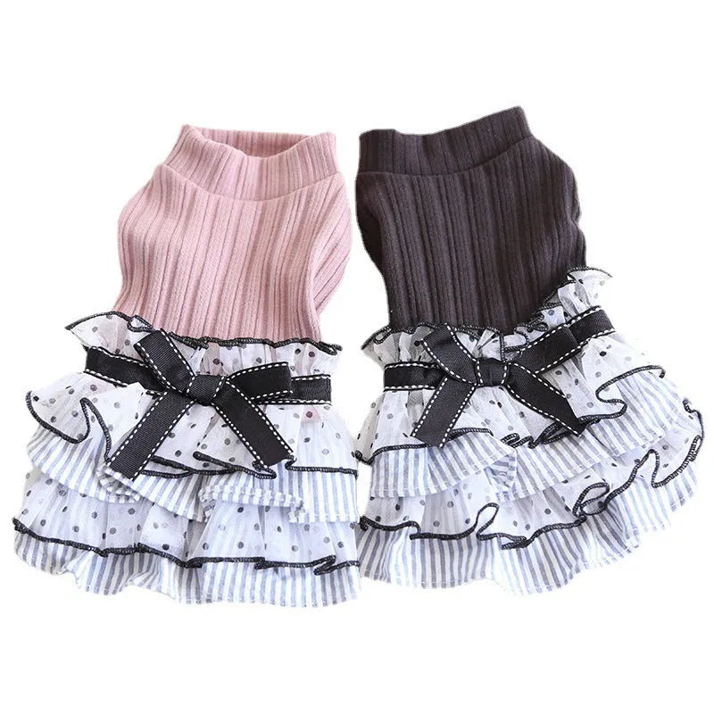 Polka dot and lace princess cake dress for a small dog or cat in taro purple, charcoal black, or iced coffee colour.