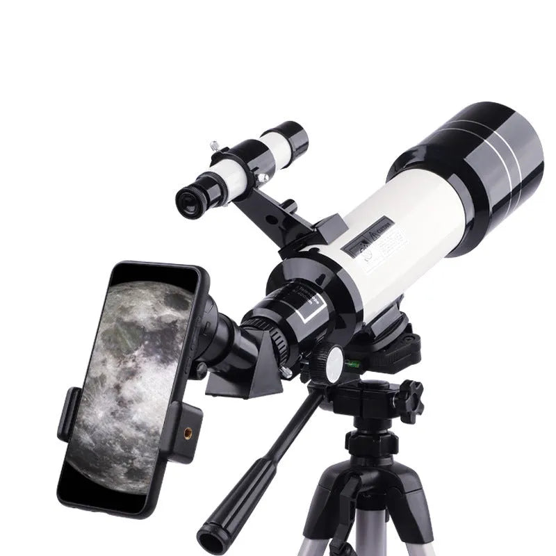 Dark blue children's astronomical telescope on a tripod with 16X to 66X magnification.