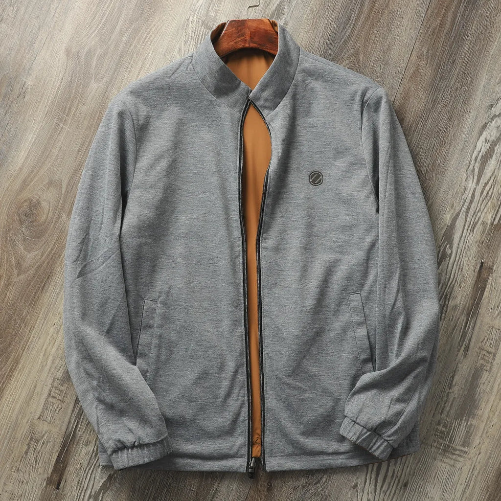 Men's simple stand collar casual jacket in a polyester blend fabric, shown in one of four available colours.