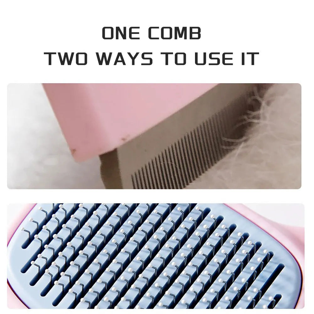 Blue and green double-sided pet grooming brush with deshedding rake and dematting comb