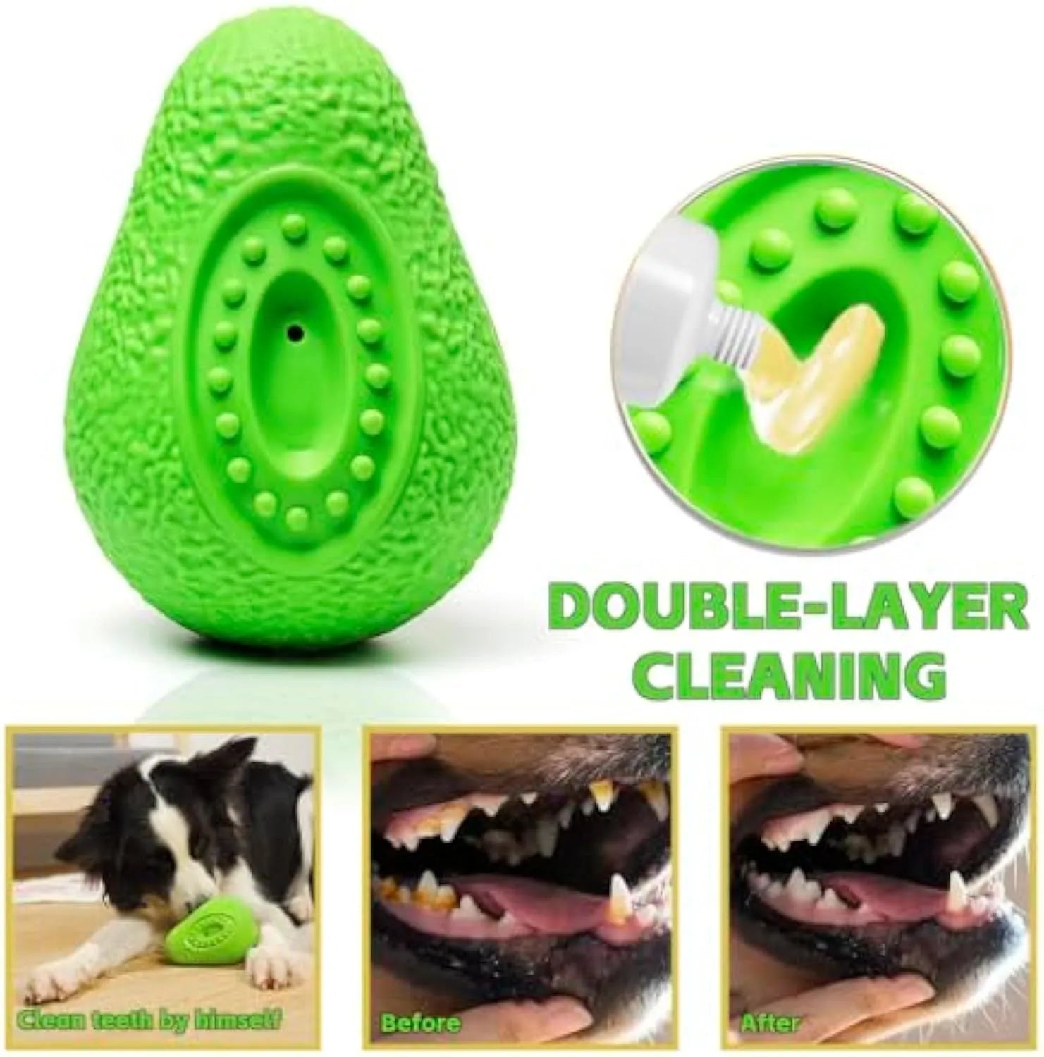 Green natural rubber dog chew toy shaped like an avocado, textured surface, for aggressive chewers.