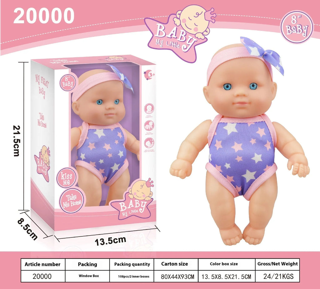 21.5cm tall simulation baby vinyl figurine doll in one of six colour variations on display