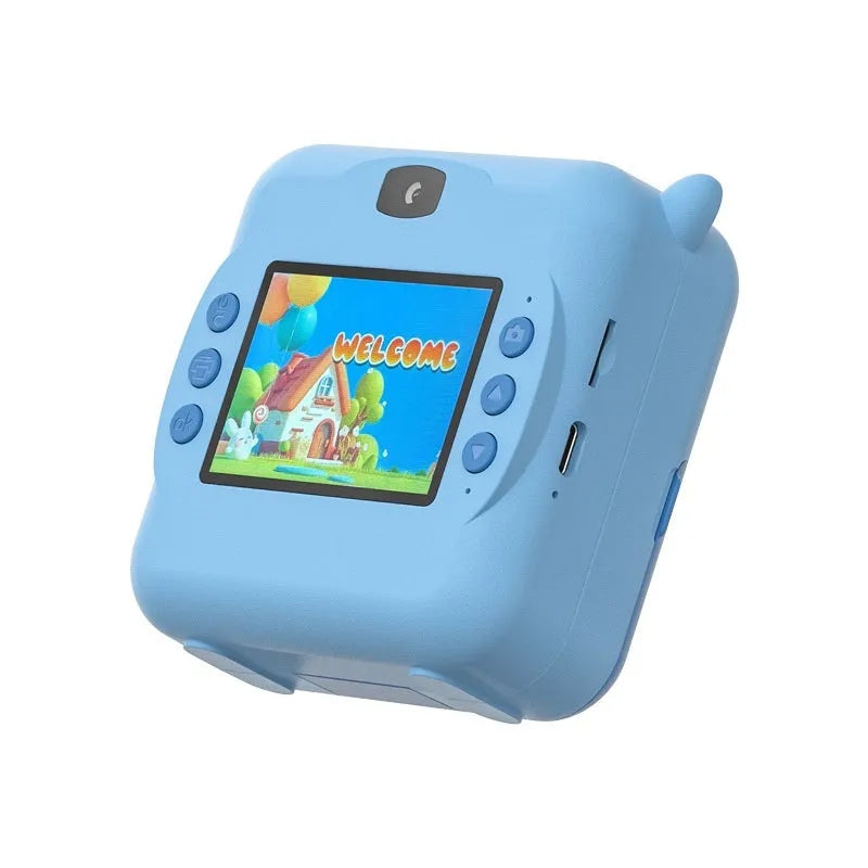 Portable thermal printing camera in pink and blue with ABS body and compact dimensions 102.5 x 59.07 x 79.43 mm