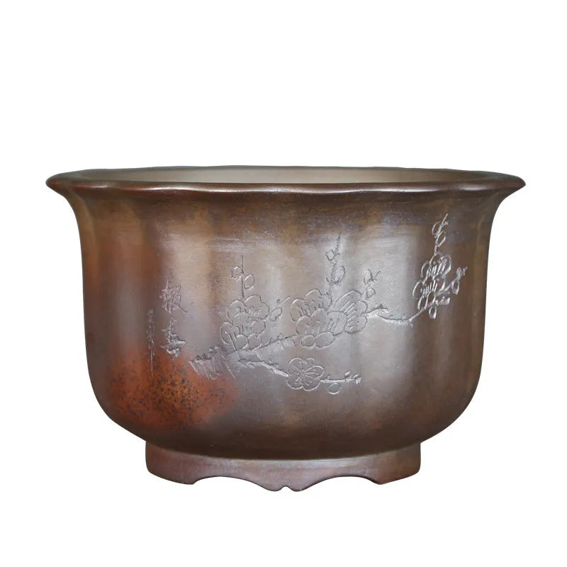 Antique carved purple sand clay ceramic flowerpot for indoor bonsai displays