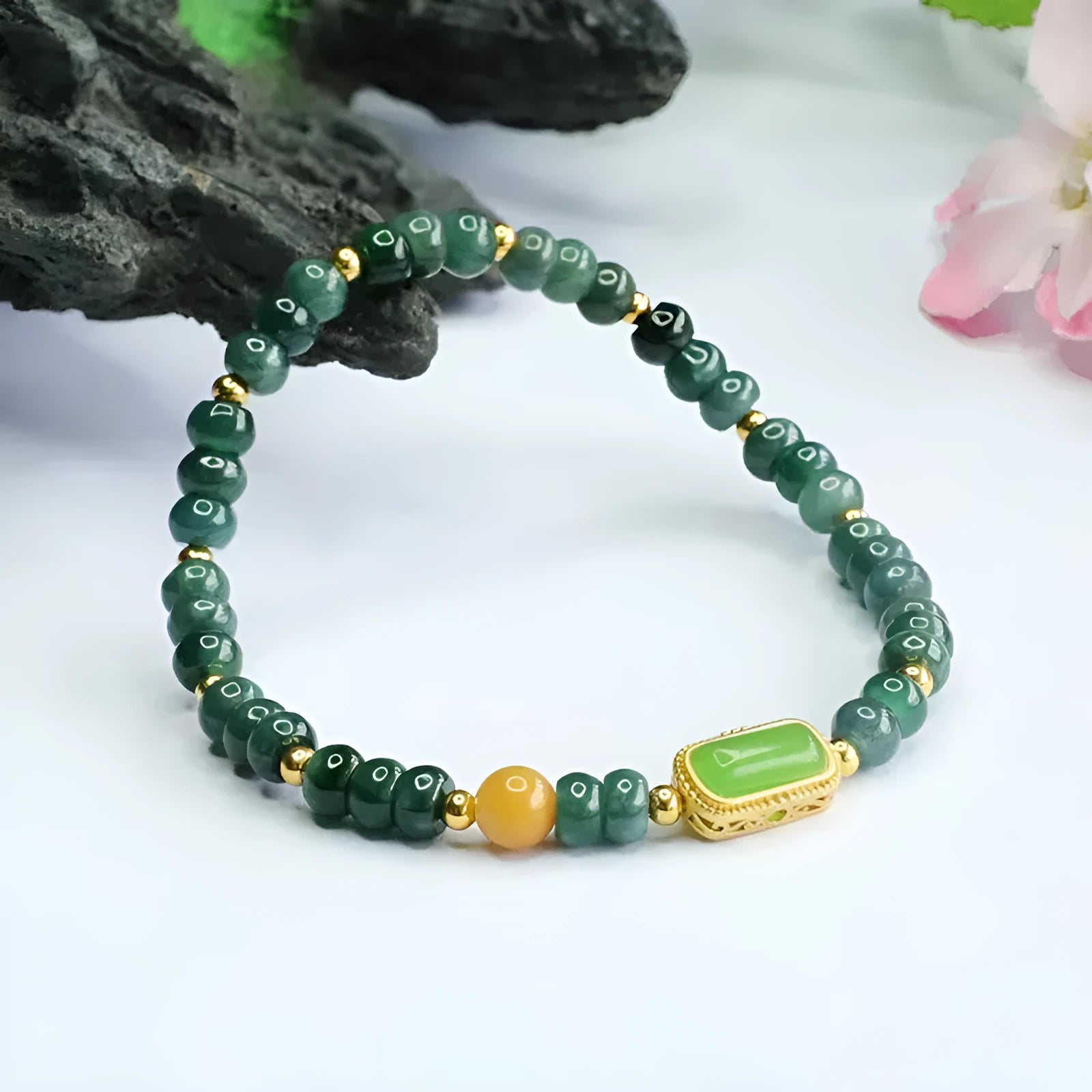 Natural stone blue water jade abacus bead bracelet with geometric design and metal spacers