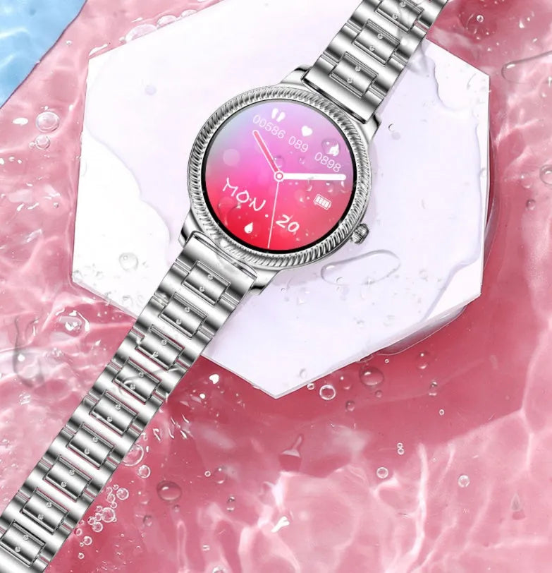 AK38 ladies smart watch with stainless steel band and 1.09-inch colour screen.