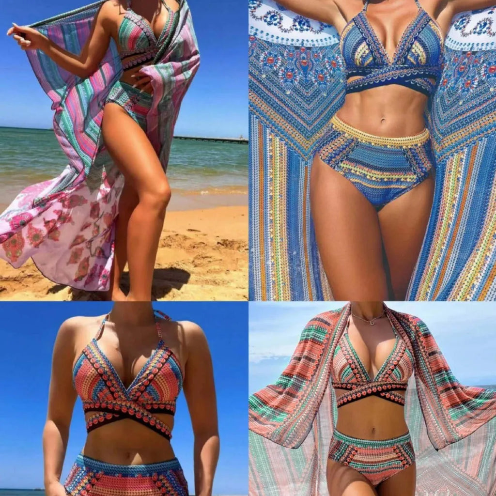 Women's high waist cross bandage bikini three-piece swimsuit set in polyester with smock