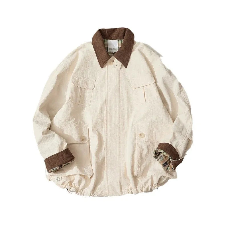 Green casual polyester jacket with side seam pockets on a hanger