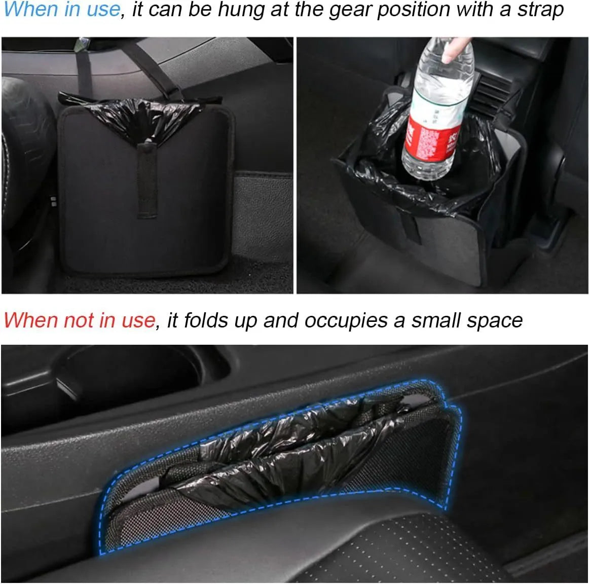 Black car folding trash can with Oxford cloth waterproof construction and hanging design