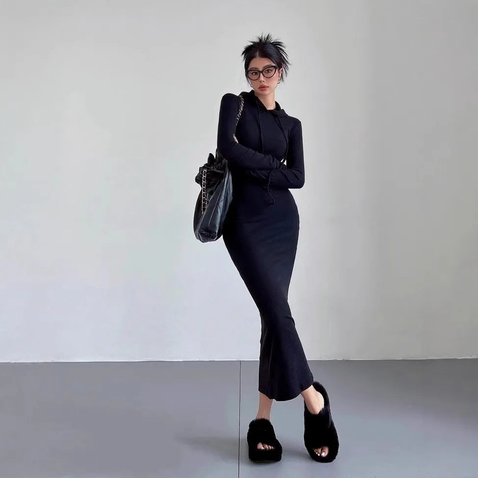 Women's grey hooded long sleeve sheath dress with an over-the-knee length