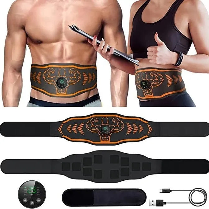 Blue and orange rechargeable EMS smart massage belt with host unit, belt, and arm stickers.