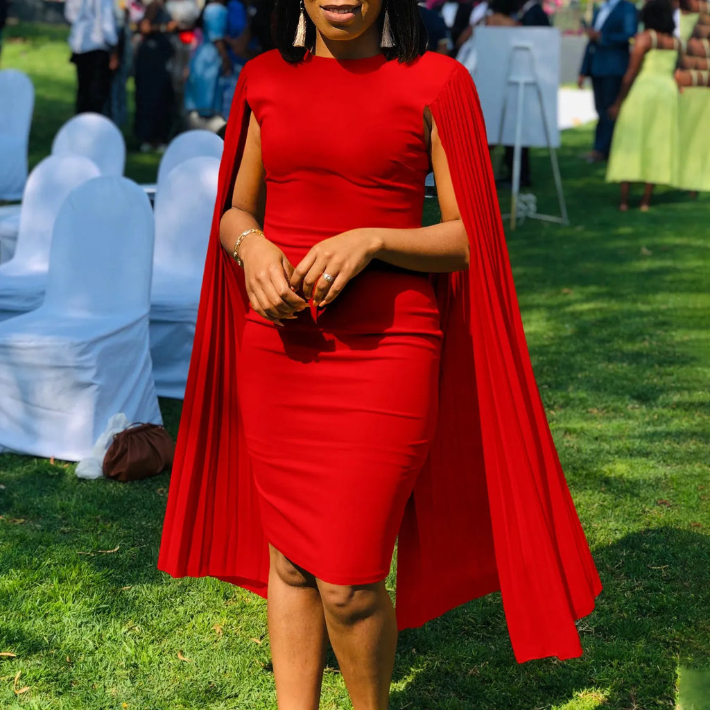 Women's polyester evening gown with pleated shawl, round neck and long sleeves in multiple colours