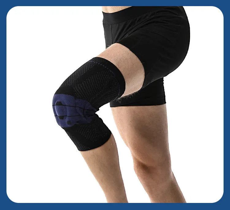Adult sports knee pads in black and blue, made from nylon and spandex for basketball and running.