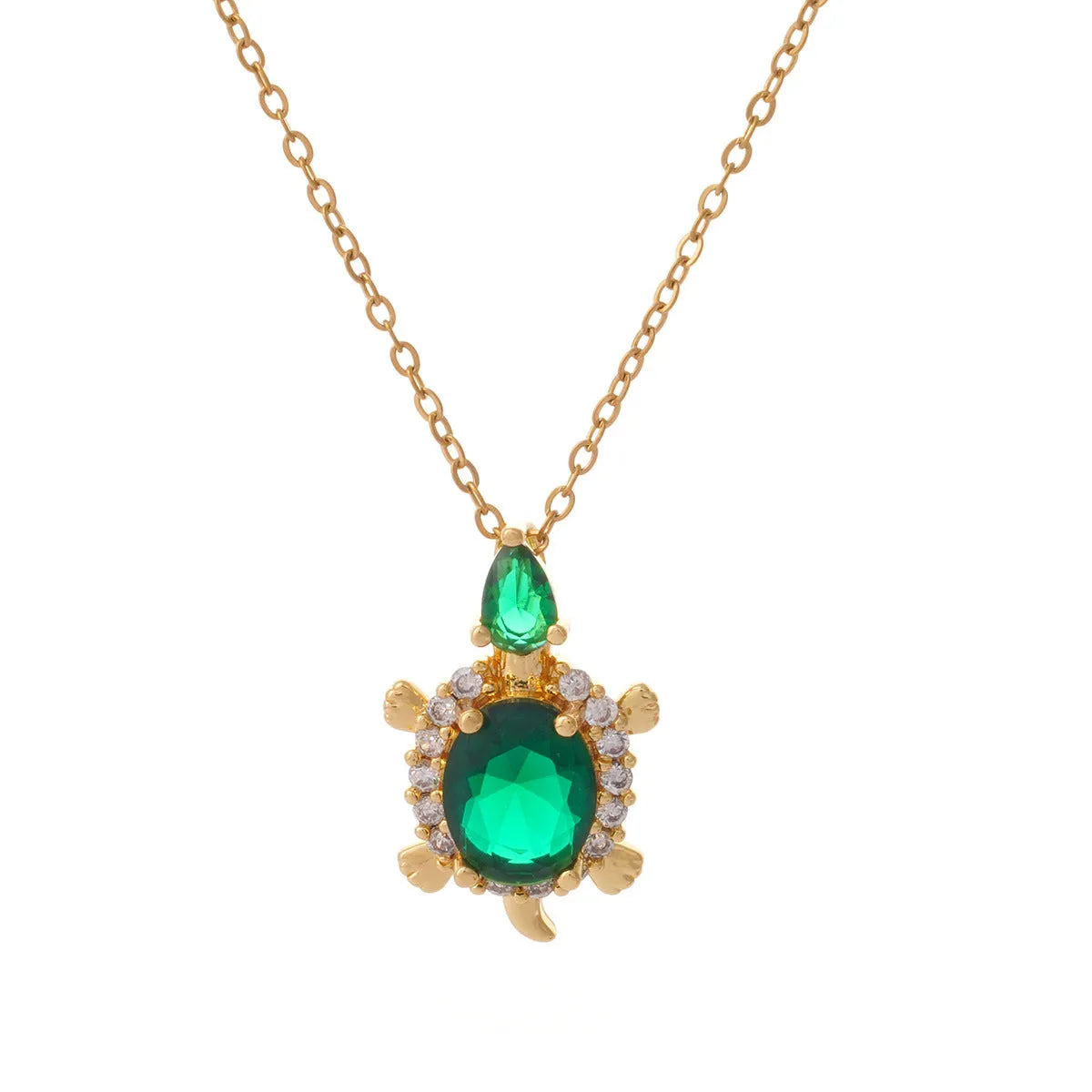 Gold-plated copper sea turtle pendant necklace with mixed gemstone inlay and zirconium encrustation on titanium steel chain