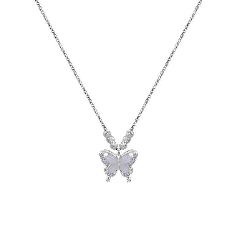 A silver necklace with a square opal butterfly pendant on a cross chain, adjustable from 41 to 50 cm.