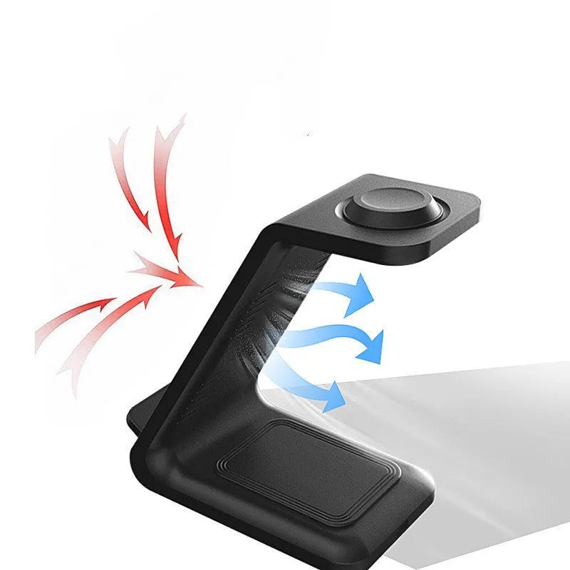 White 3-in-1 upright mobile phone holder and wireless charger with USB port on a desk.