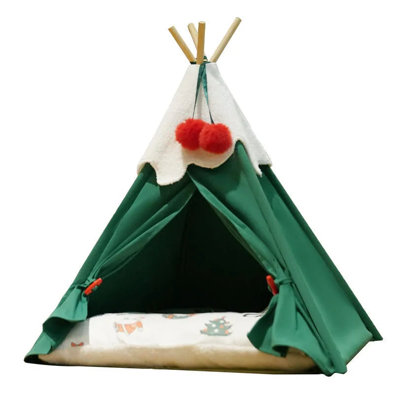 Semi-closed cat house with cloth construction in brown mat colour showing dimensions