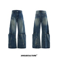 Men's verdant blue loose-fit jeans with a retro washed burst pattern and curved knife design.
