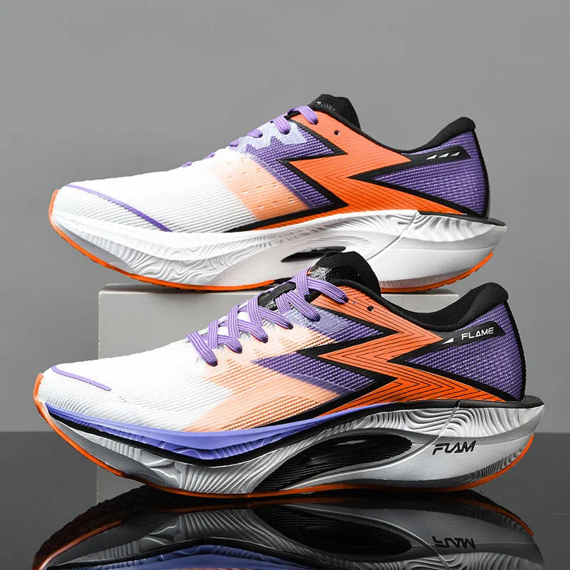 Marathon carbon plate racing shoes in orange colour with fabric upper and platform heel design for running